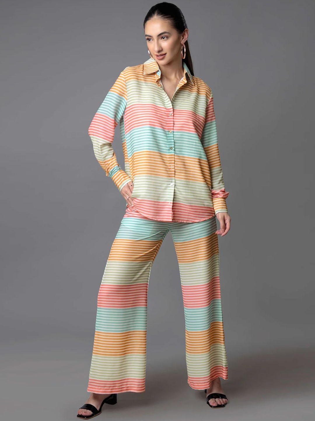 

Siya Fashion Striped Long Sleeves Shirt & Trousers, Red
