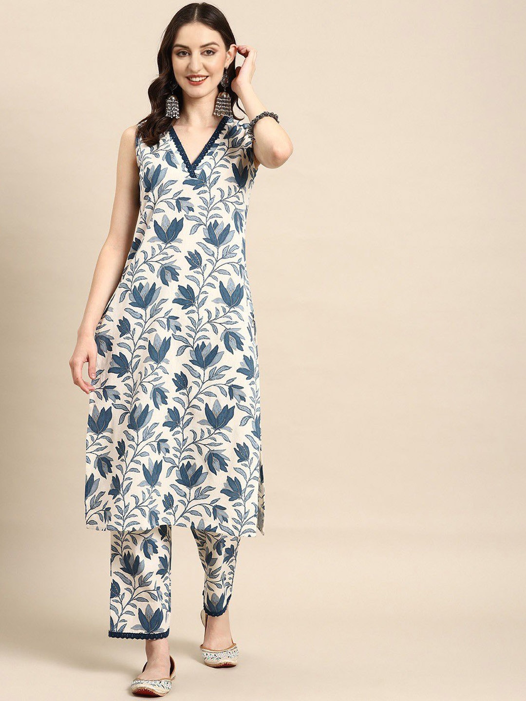 

Siya Fashion Floral Printed V-Neck Tunic With Palazzos, Blue