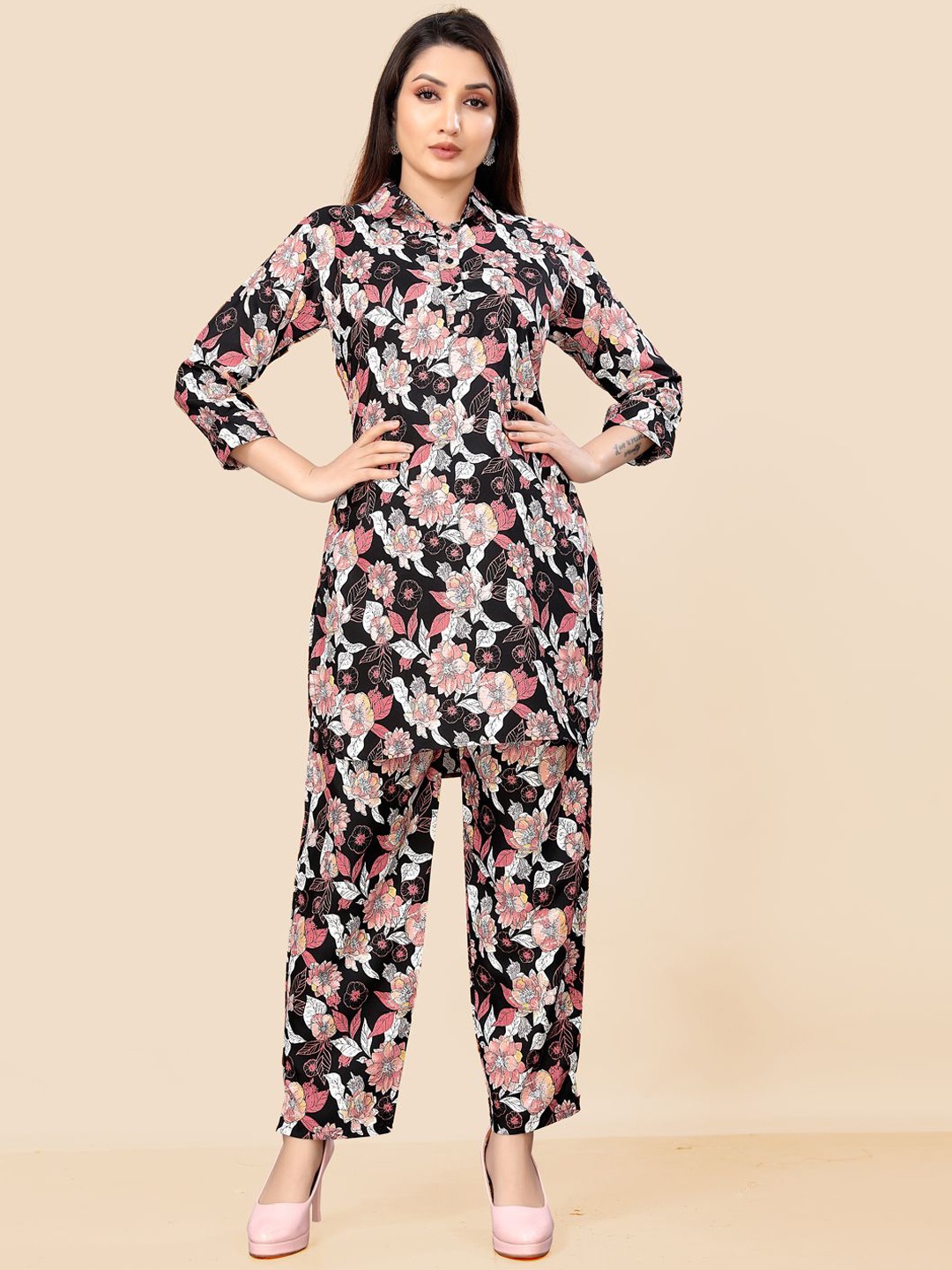 

Siya Fashion Floral Printed Shirt Collar Tunic With Palazzo, Black