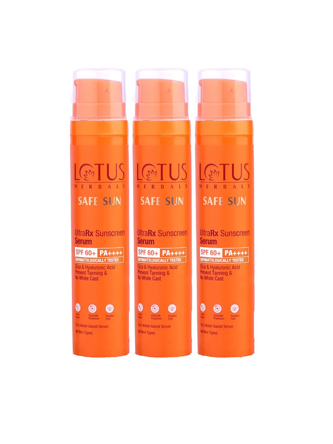

Lotus Herbals Safe Sun Set of 3 UltraRX SPF60+ Sunscreen Serum with Cica - 50 ml each, Orange
