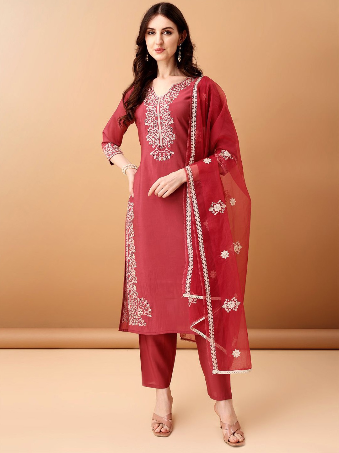 

KALINI Embroidered Mirror Work Chanderi Cotton Straight Kurta with Trousers & With Dupatta, Pink