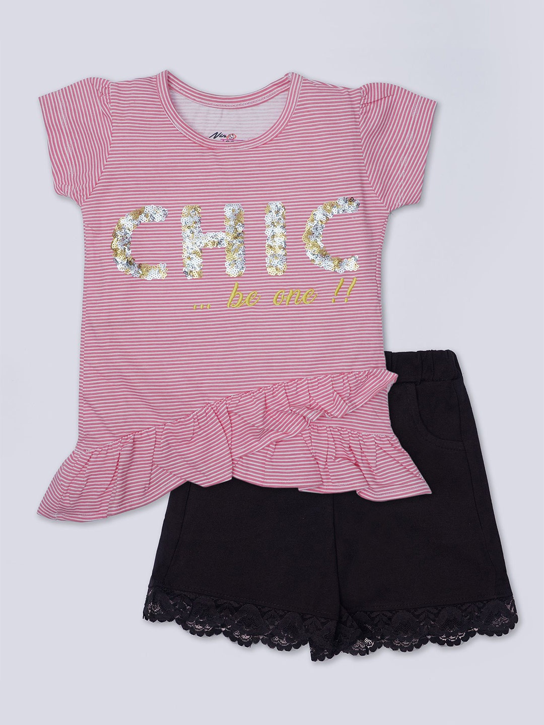

Nino Togs Girls Striped Pure Cotton Top with Shorts, Peach