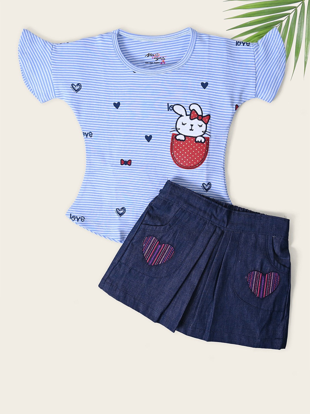 

Nino Togs Girls Printed Pure Cotton Top with Denim Skirt, Blue