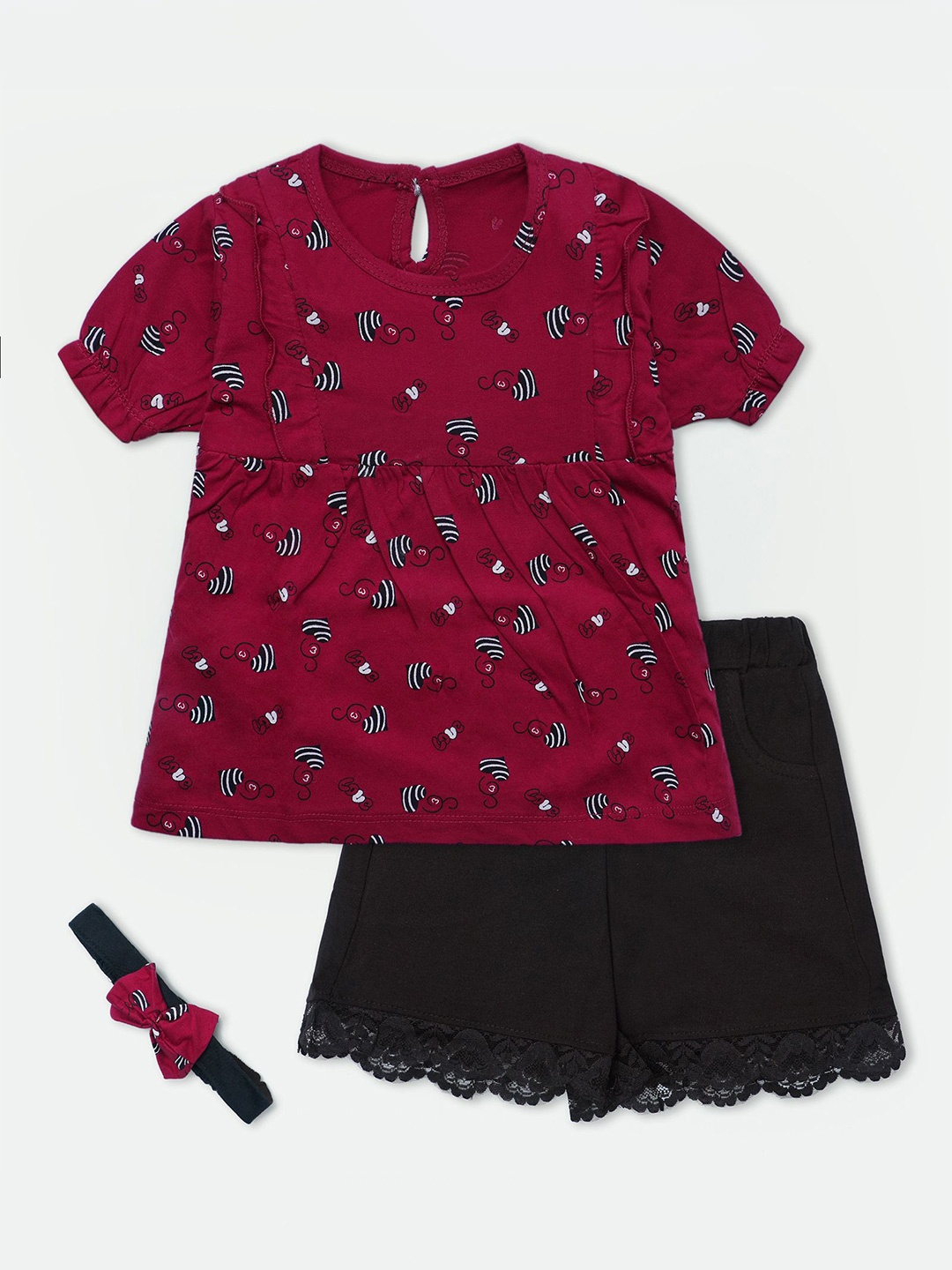 

Nino Togs Girls Printed Peplum Top With Shorts With Hairband, Red