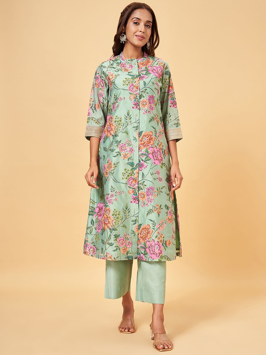 

RANGMANCH BY PANTALOONS Floral Printed Regular A-Line Kurta with Palazzos, Green