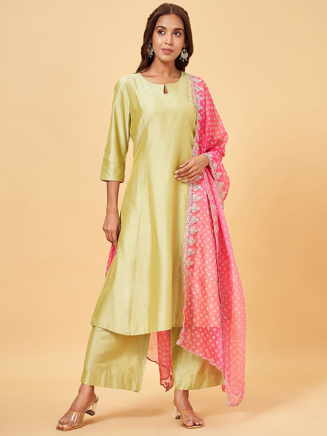 

RANGMANCH BY PANTALOONS Regular A-Line Kurta with Palazzos & With Dupatta, Olive