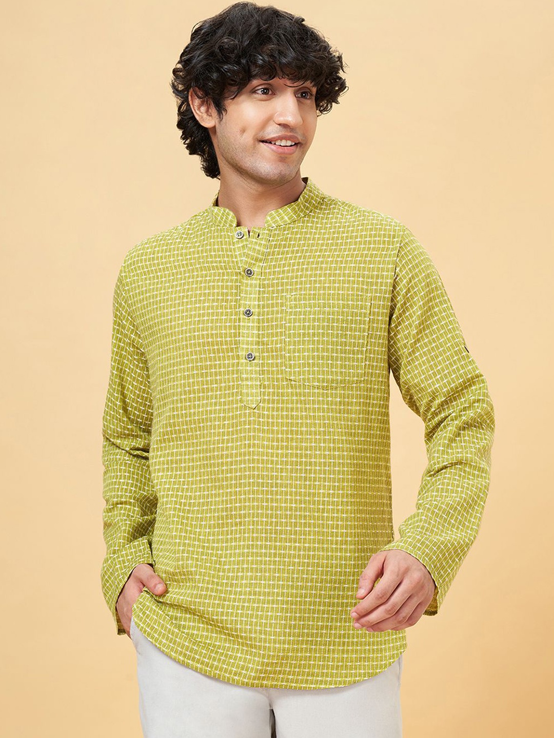 

indus route by Pantaloons Checked Thread Work Dobby Pure Cotton Pathani Kurta, Green