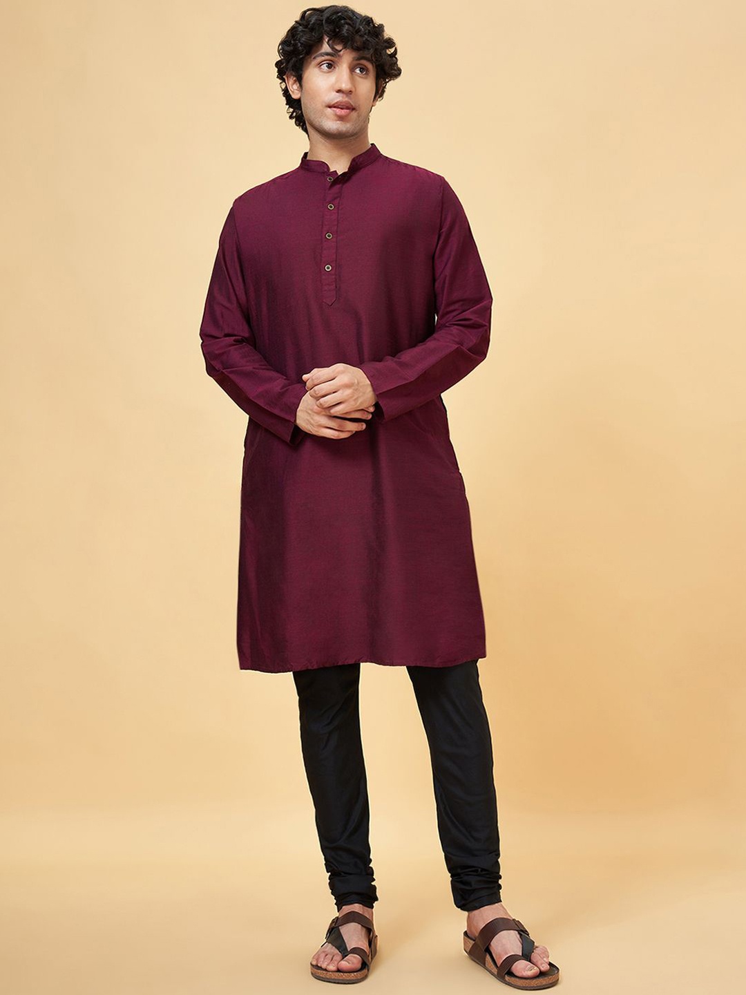 

indus route by Pantaloons Mandarin Collar Straight Kurta, Purple