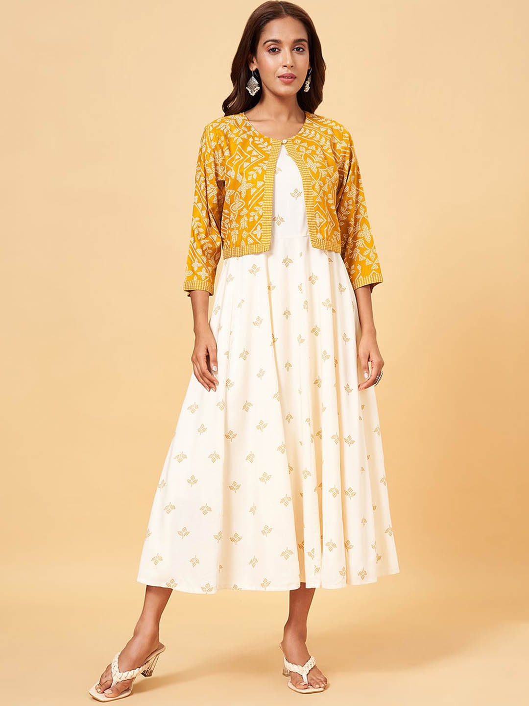 

RANGMANCH BY PANTALOONS Ethnic Motifs Printed Anarkali Kurta, Yellow