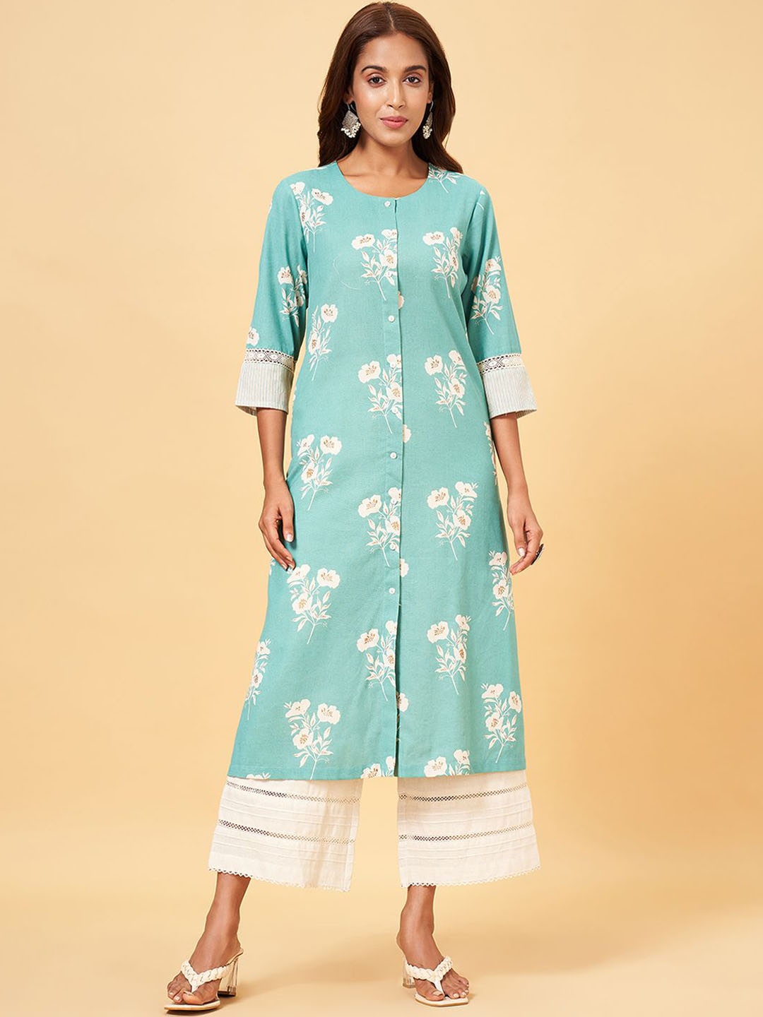 

RANGMANCH BY PANTALOONS Floral Printed Round Neck Straight Kurta, Turquoise blue