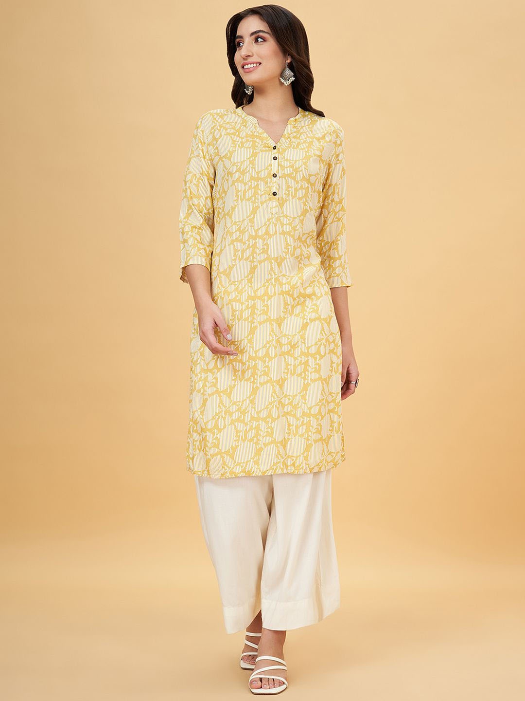 

RANGMANCH BY PANTALOONS Mandarin Collar Printed Straight Kurta, Khaki