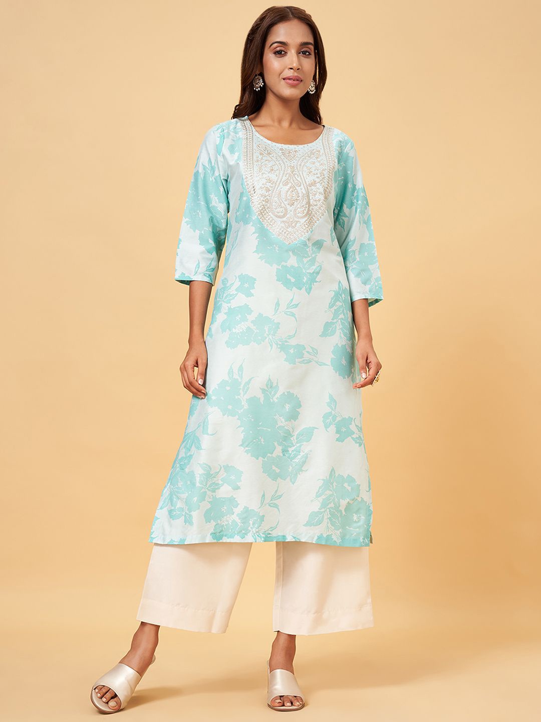 

RANGMANCH BY PANTALOONS Floral Printed Thread Work Straight Kurta, Blue