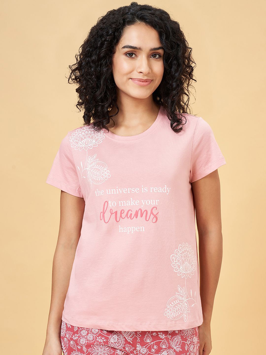 

Dreamz by Pantaloons Women Printed Drop shoulder Lounge Tshirts, Pink