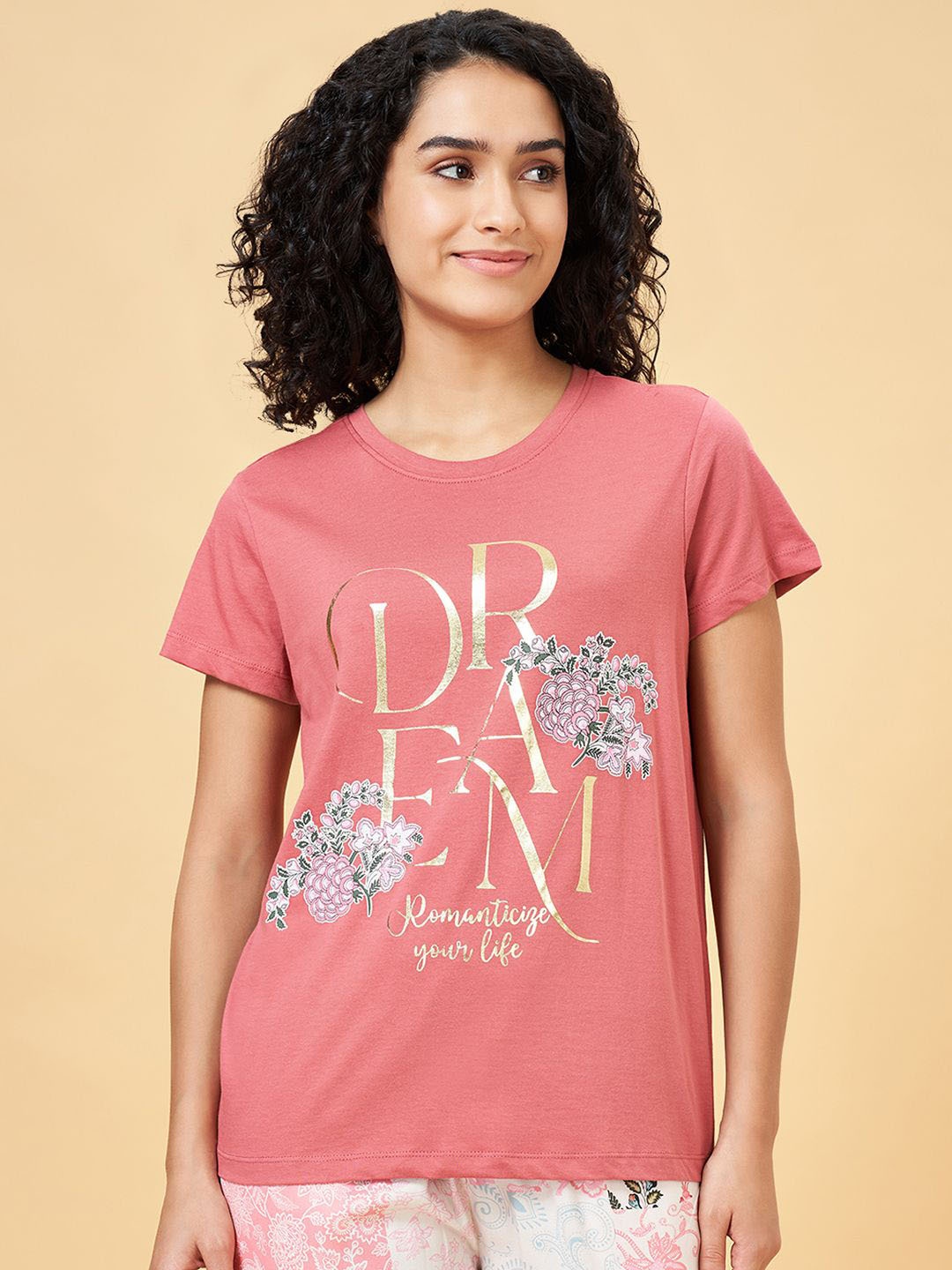 

Dreamz by Pantaloons Printed Cotton Lounge T-shirt, Peach