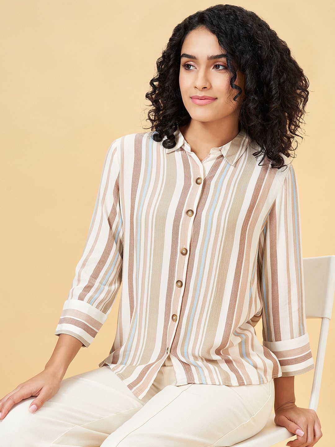

Honey by Pantaloons Women Opaque Striped Casual Regular Fit Shirt, Off white