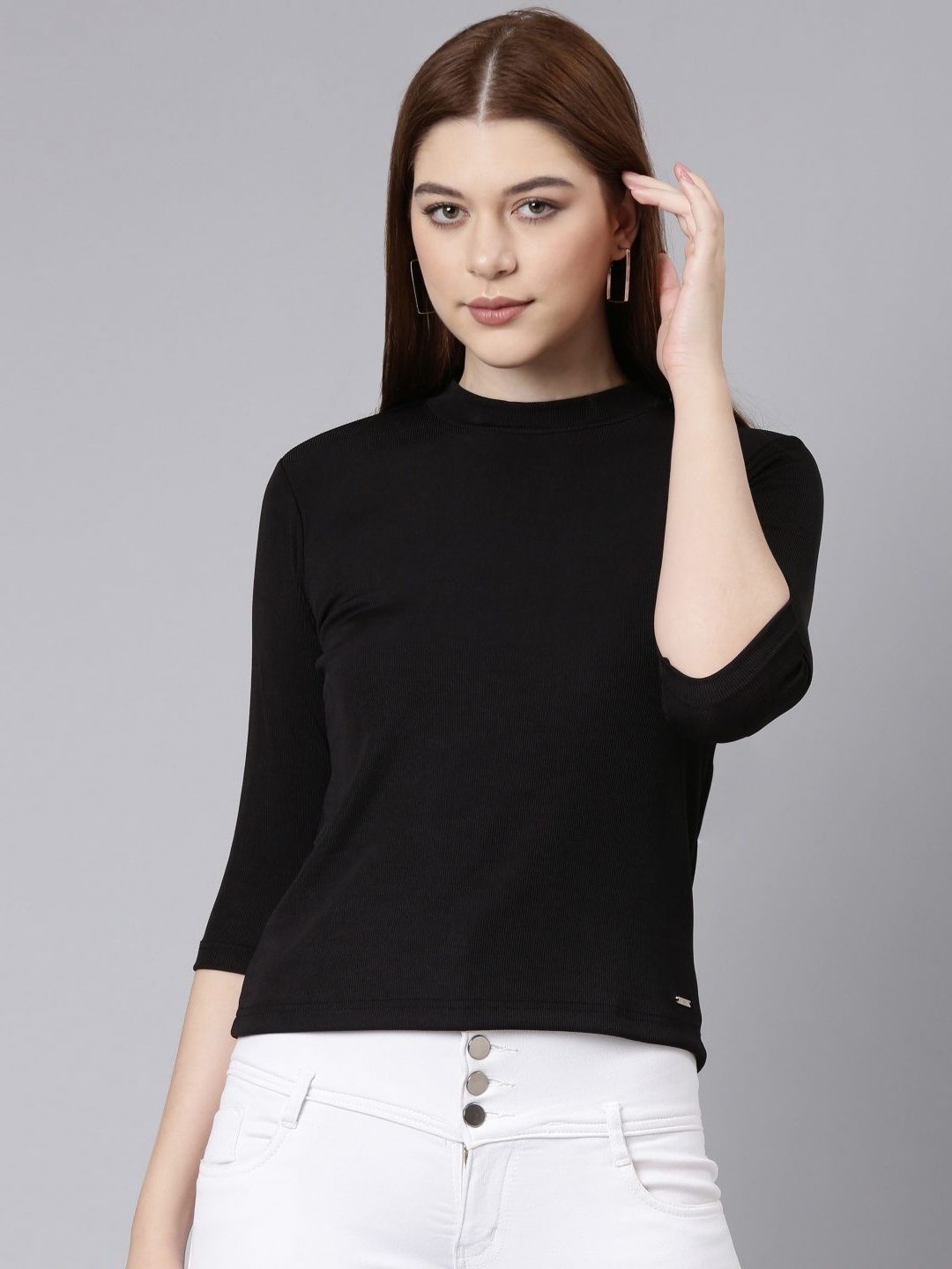 

TWIN BIRDS Women Solid High Neck Three-Quarter Sleeves T-shirt, Black