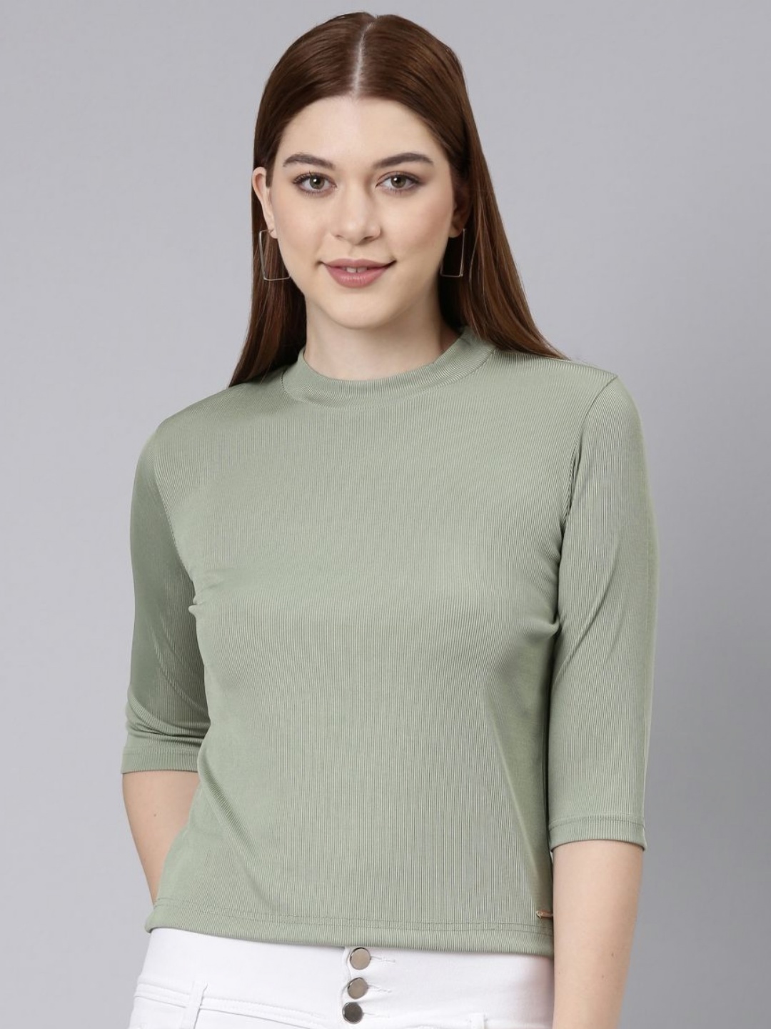 

TWIN BIRDS Solid Women Sleeves T-shirt, Green