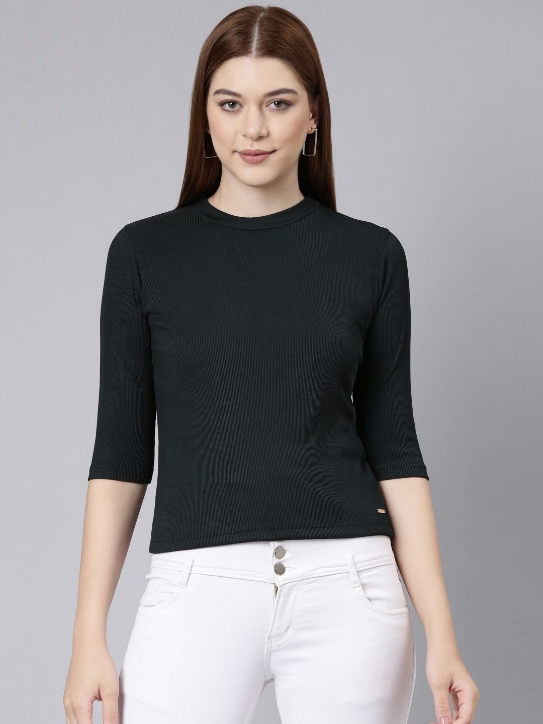 

TWIN BIRDS Women High Neck Drop-Shoulder Sleeves Cut Outs T-shirt, Black