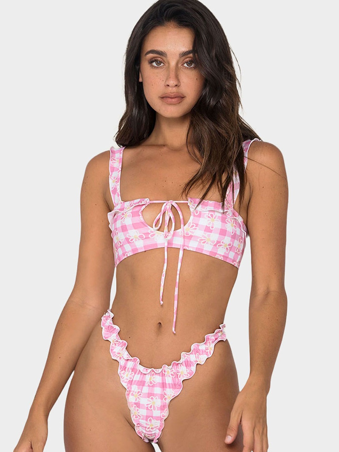 

LULU & SKY Pink Gingham & Floral Women Printed Swim Bikini Set