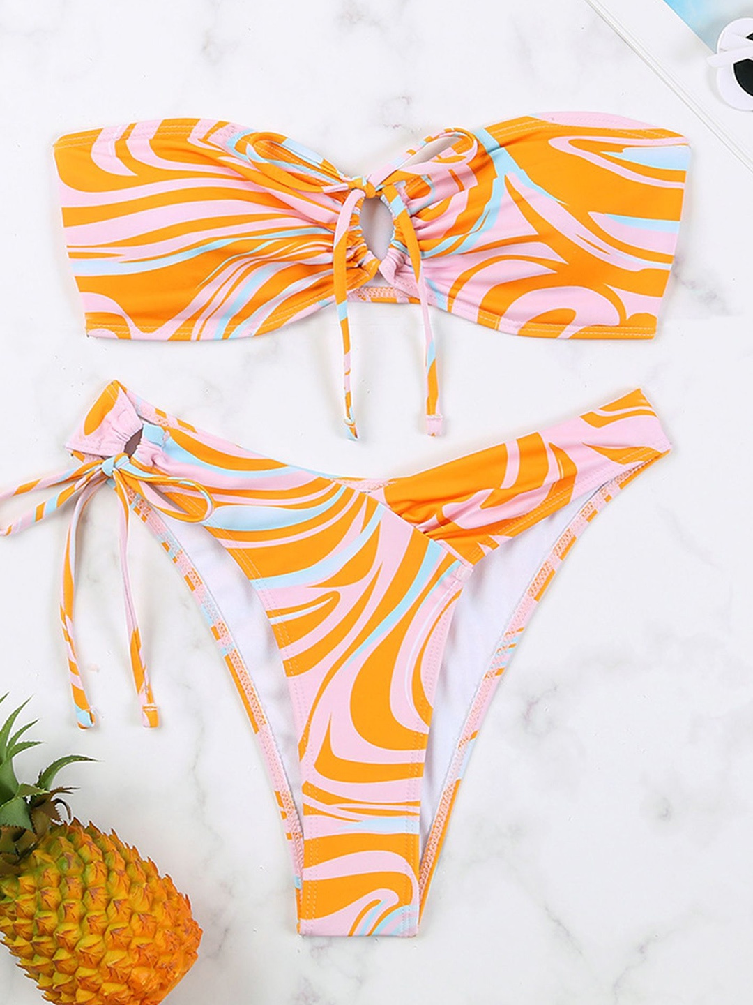 

LULU & SKY Orange Marble Printed Strapless Bra & Skirt Swim Set