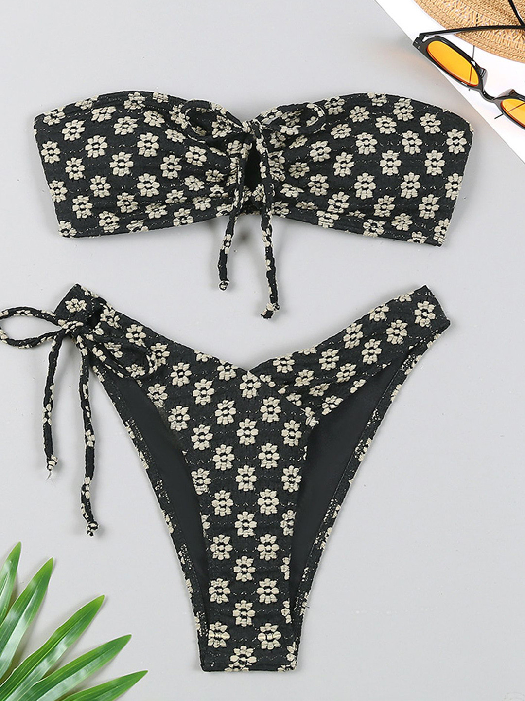 

LULU & SKY Black Floral Embroidery Strapless Swim Bikini Set