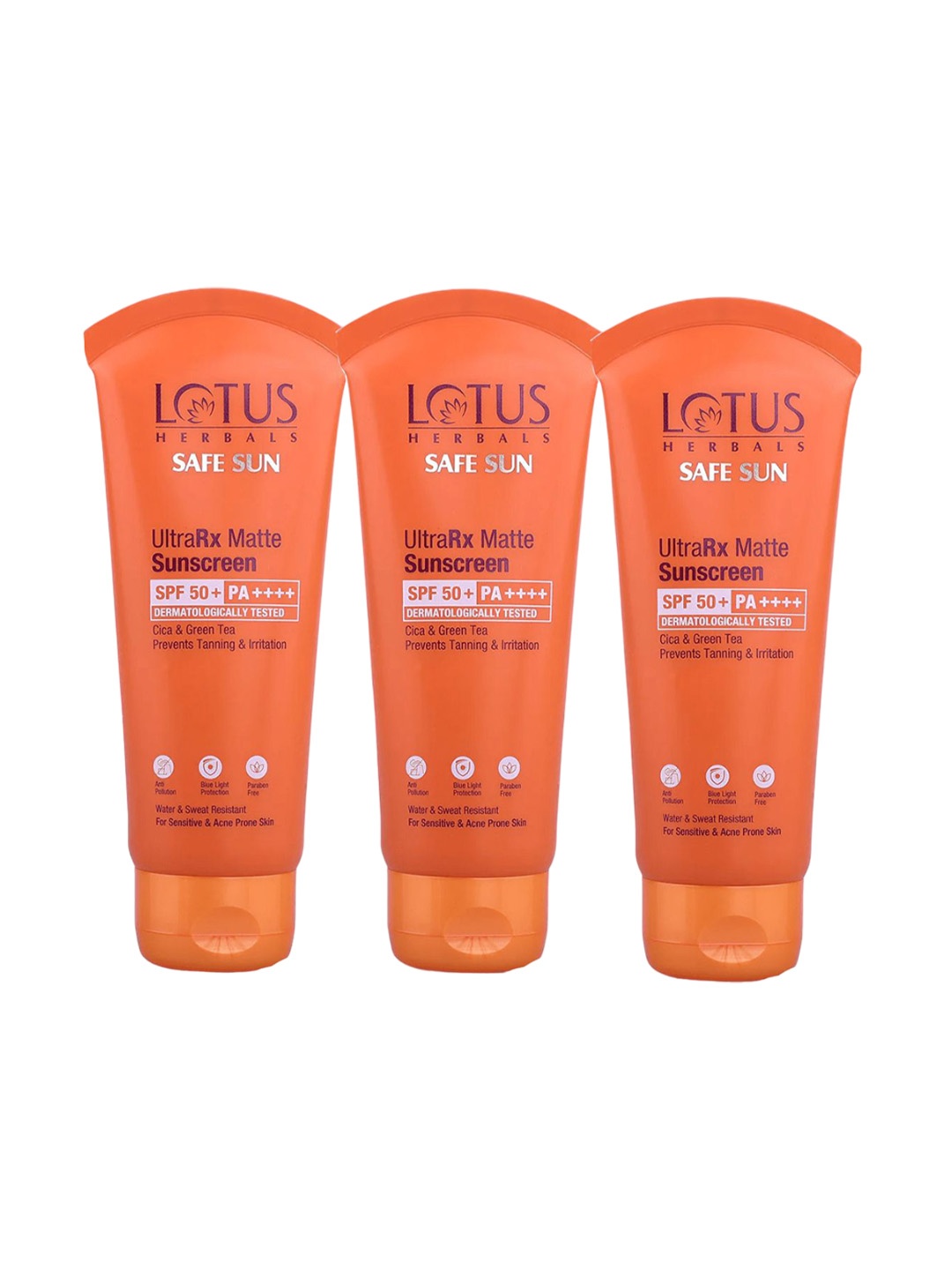 

Lotus Herbals Safe Sun Set of 3 UltrarxRX SPF50+ Matte Sunscreen with Cica - 50 g each, Orange