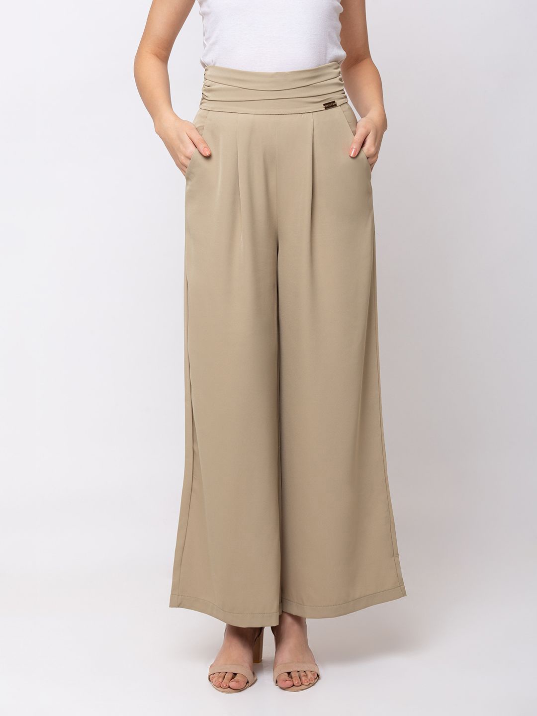 

SHECZZAR Women Solid Flared Knitted Crepe Western Palazzos, Beige