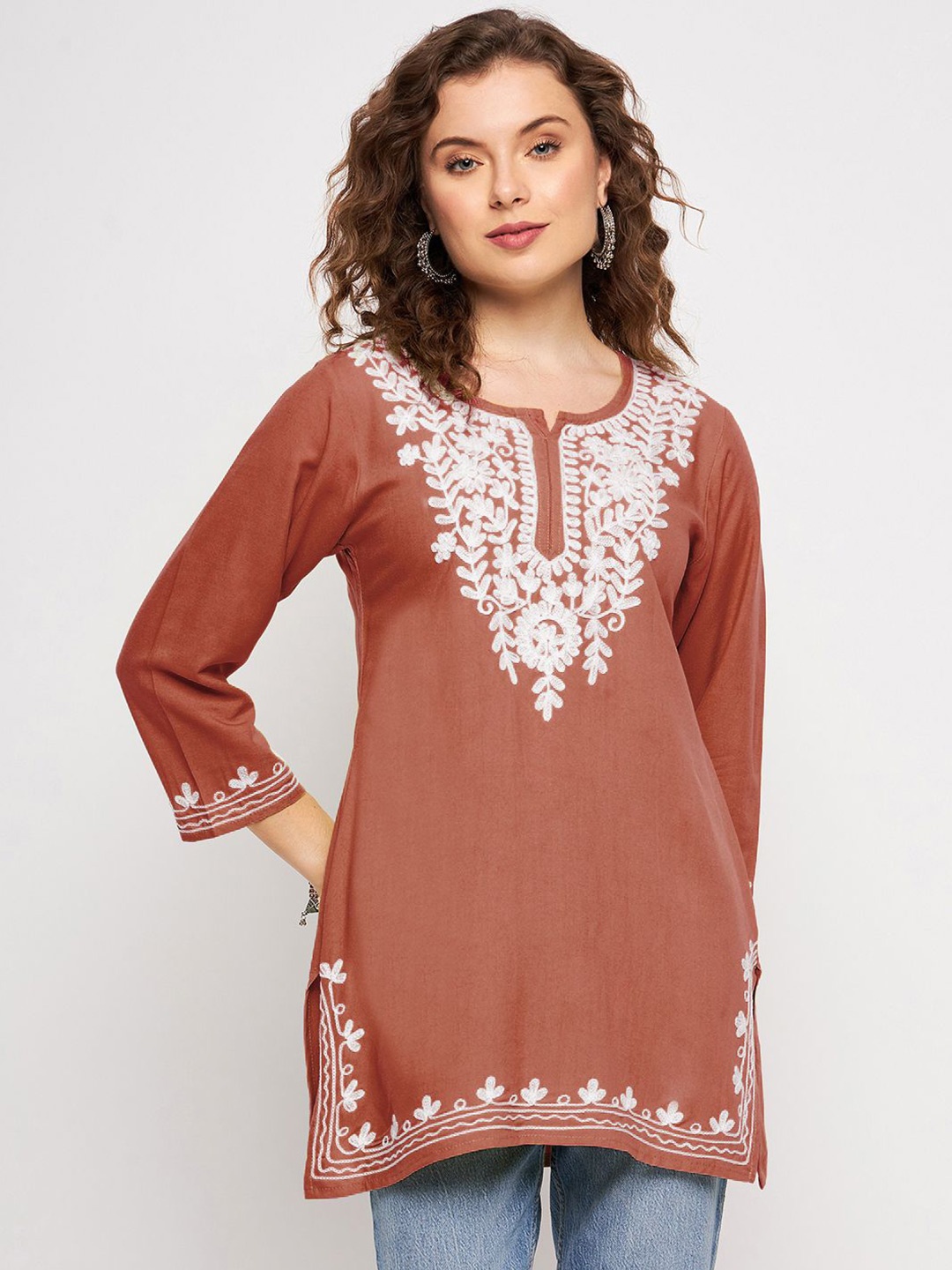 

TULIP 21 Floral Embroidered Chikankari Chikankari Kurti TU-200648-Rose, Brown
