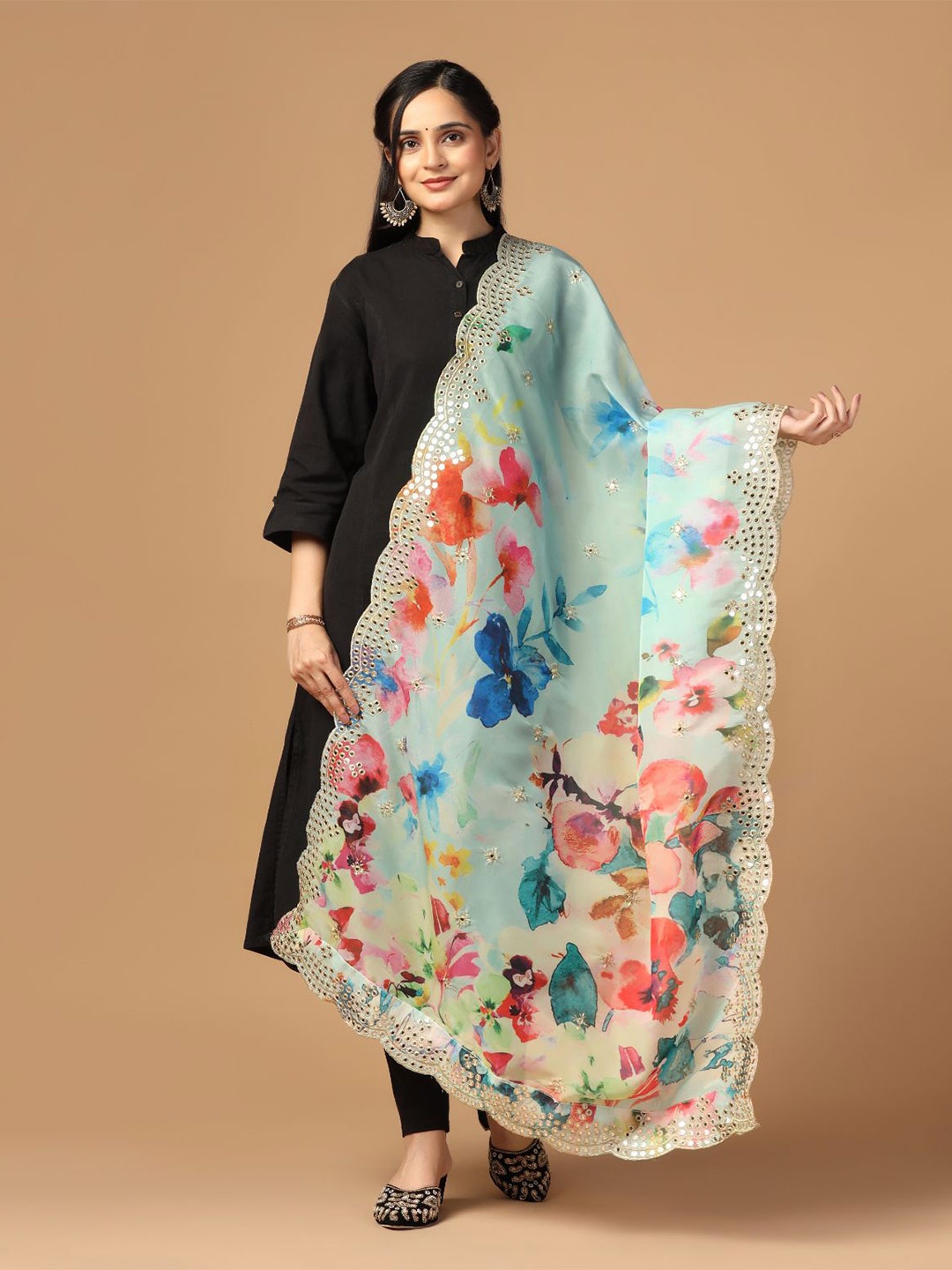 Kaizen TEXO FAB Floral Printed Organza Dupatta with Mirror Work, Sea green