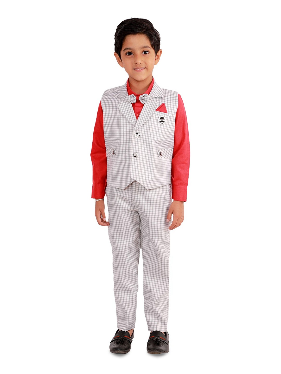 

DKGF FASHION Boys Checked Notched Lapel Collar 3-Pieces Suit, Red