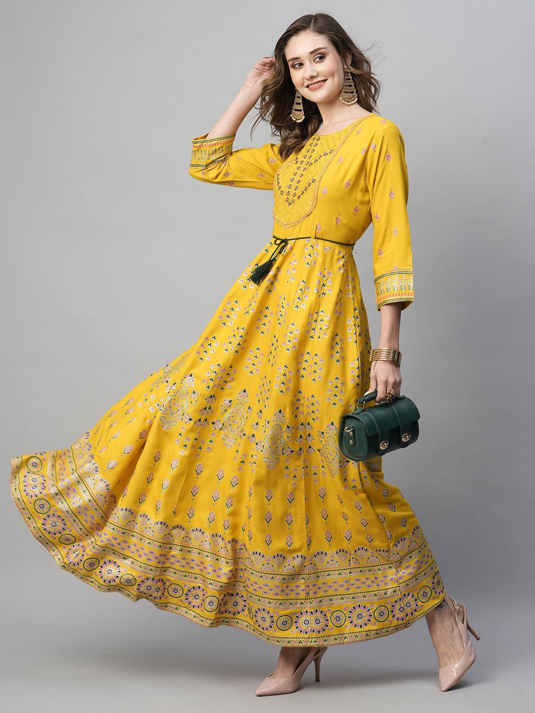 

KALINI Ethnic Motifs Printed Cotton Fit and Flare Maxi Ethnic Dress, Yellow