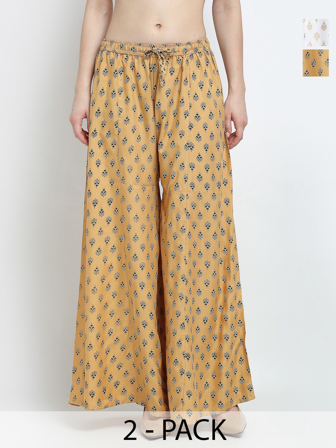 

GRACIT Pack of 2 Women Printed Flared Knitted Ethnic Palazzos, White