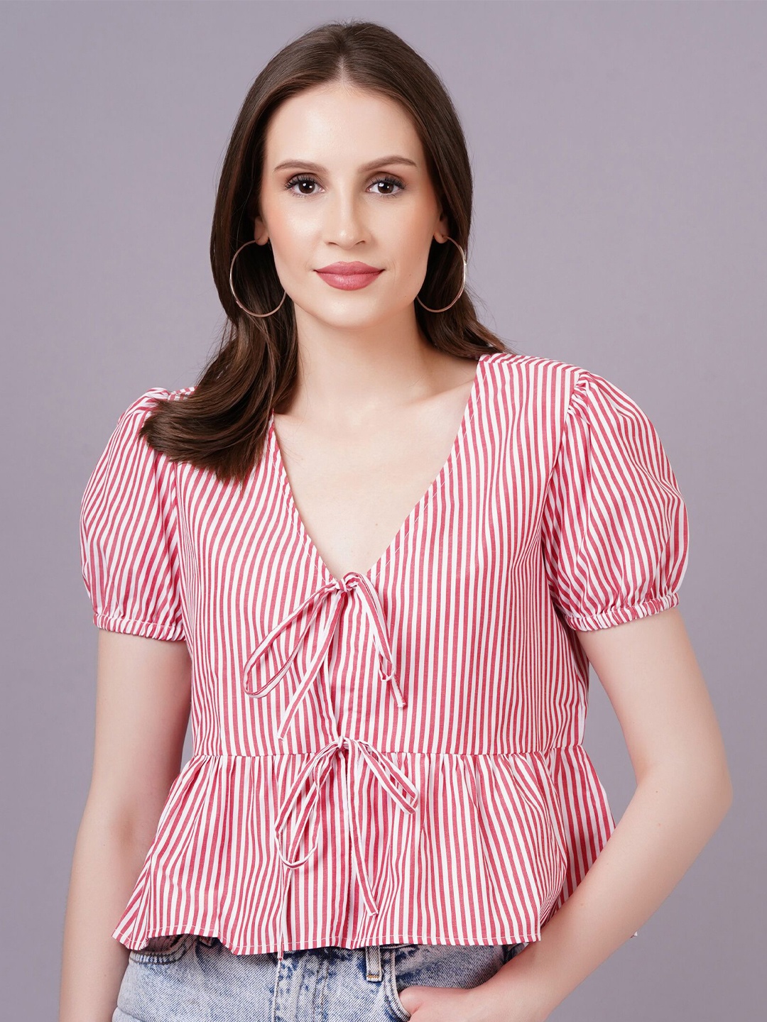 

MINGLAY Women Tie-Up Neck Vertical Stripes Striped Puff Sleeve Cinched Waist Top, Red