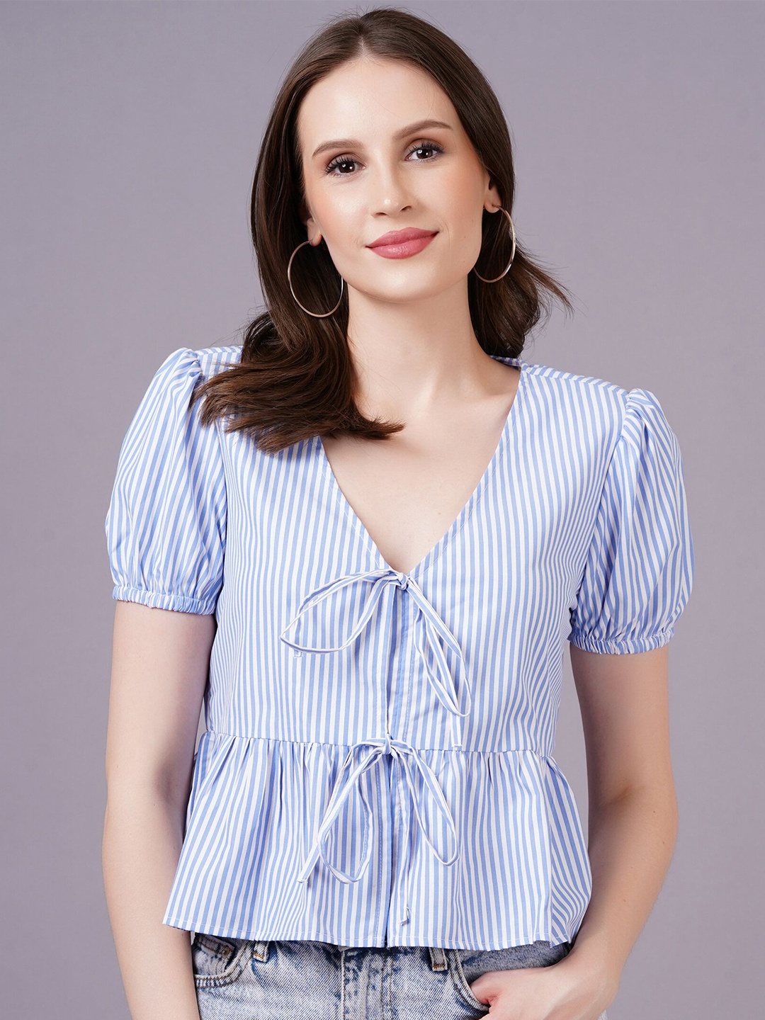 

MINGLAY Women Striped Puff Sleeve Cinched Waist Top, Blue