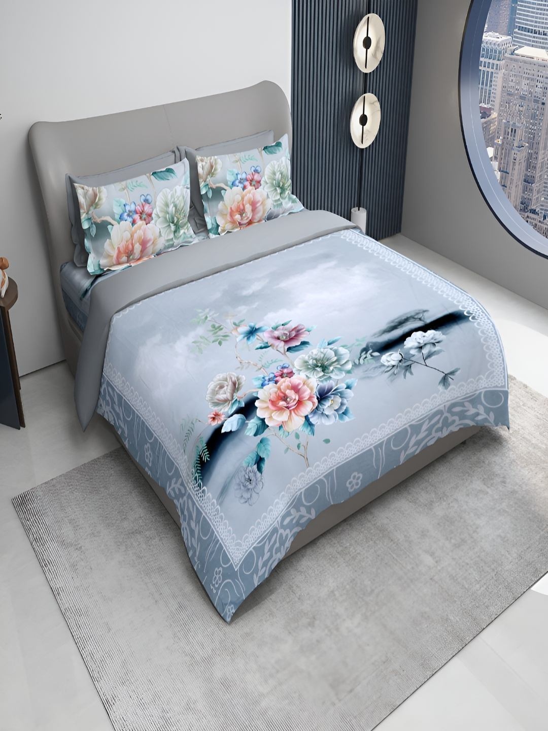 

GAPU & BALY Grey & Blue Floral Printed 180 TC King Bedsheet with 2 Pillow Covers