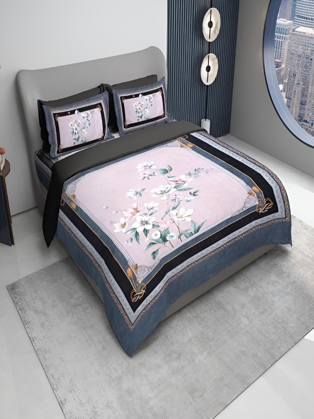 

GAPU & BALY Grey & Pink Floral Printed 180 TC King Bedsheet with 2 Pillow Covers