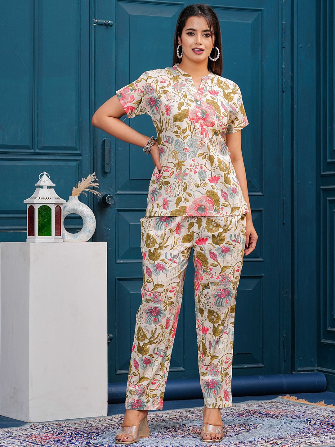 BAESD Floral Printed Pure Cotton Mandarin Collar Top With Trousers, Off white