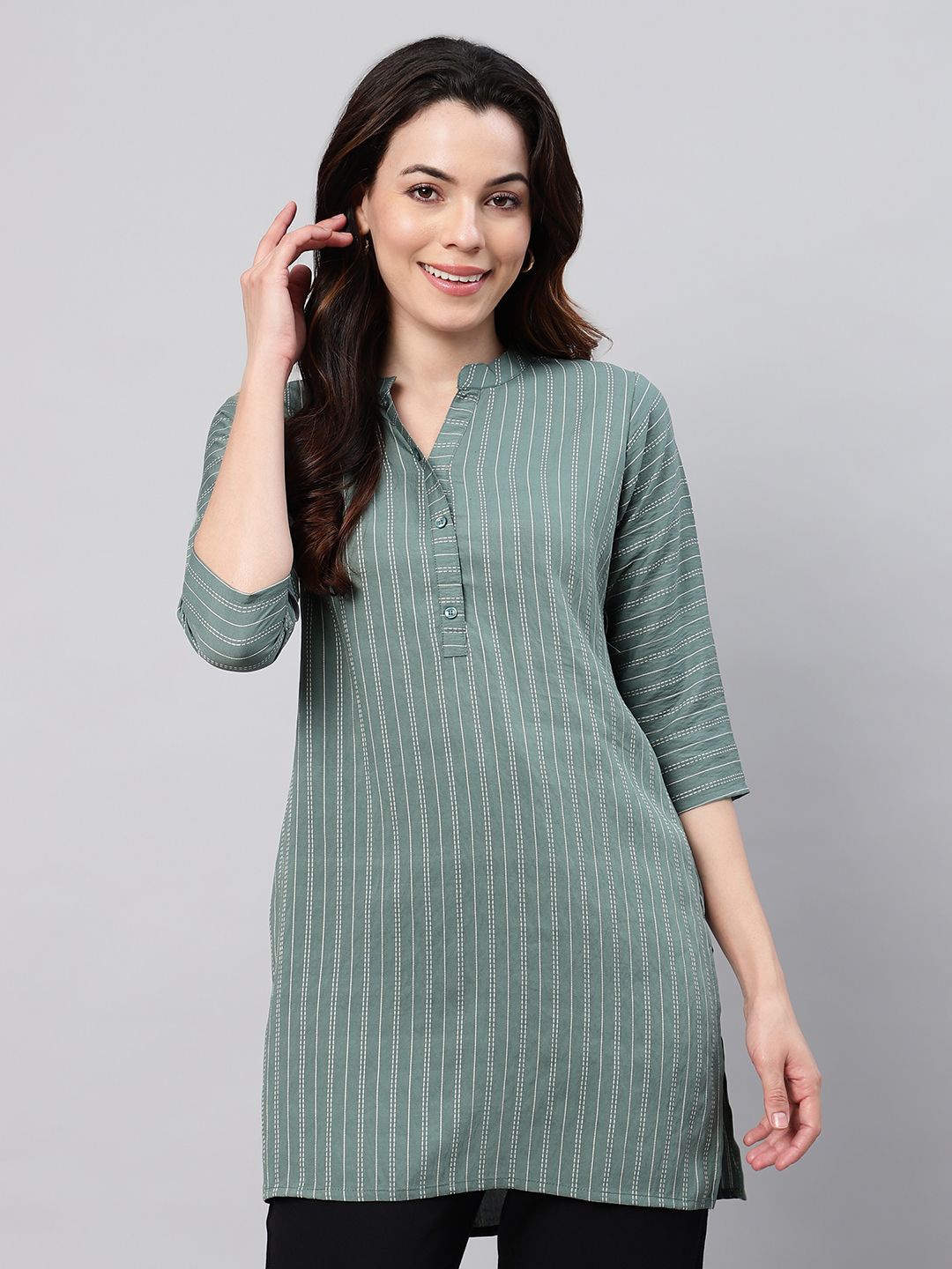 

FLAMBOYANT Striped Mandarin Collar Shirt Style Longline Top, Green