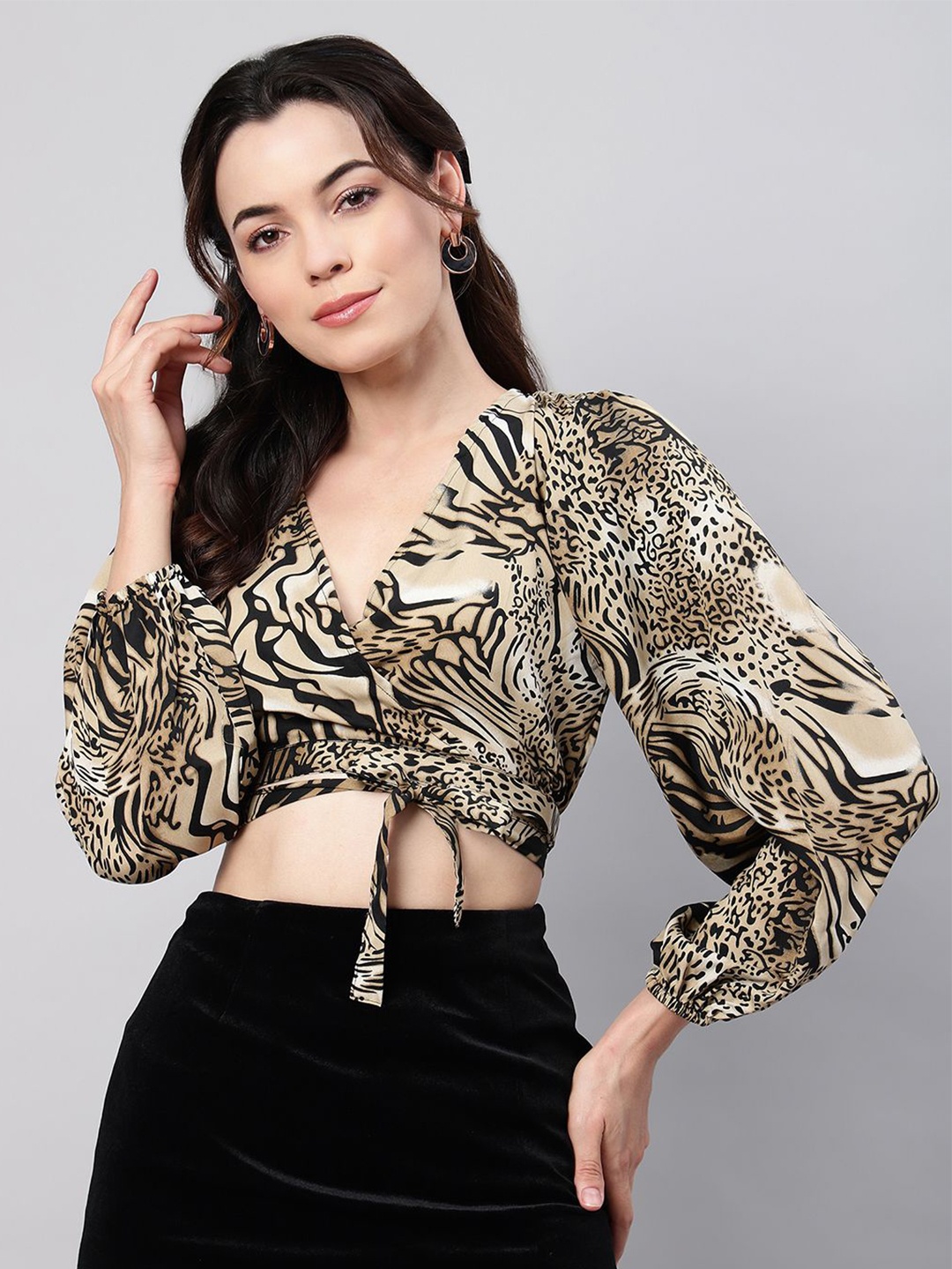 

FLAMBOYANT Women Animal Print Wrap Crop Top, Brown