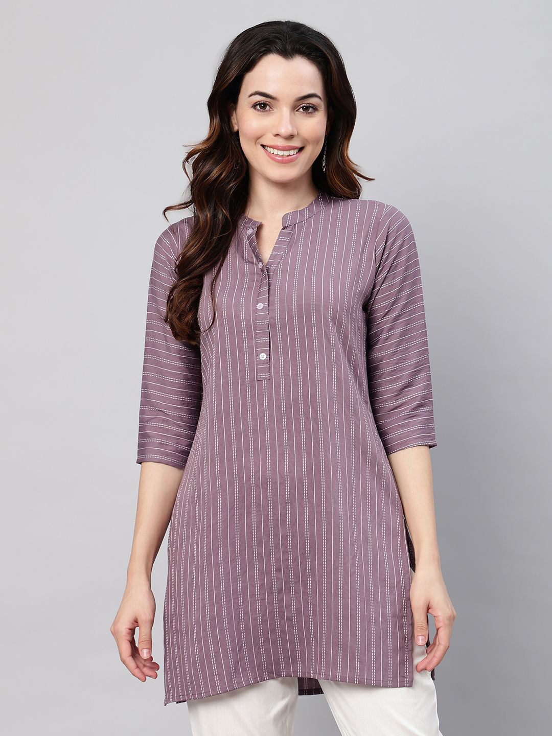

FLAMBOYANT Women Striped Mandarin Collar Shirt Style Longline Top, Violet