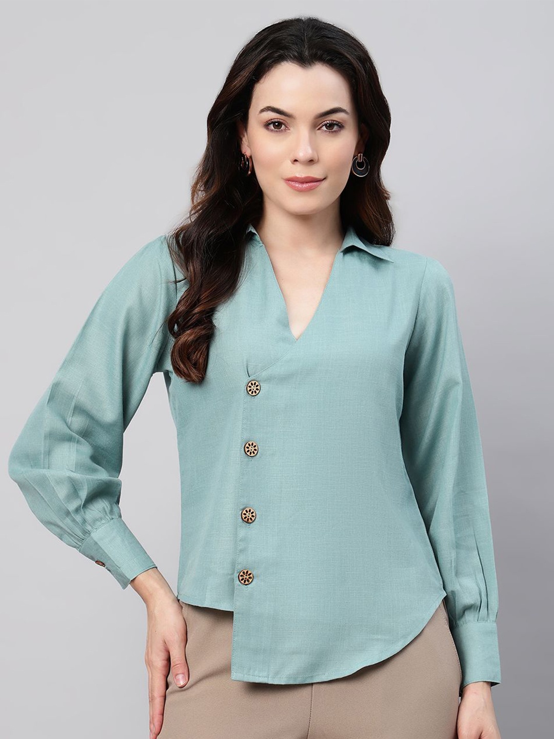 

FLAMBOYANT Women Shirt Collar Long Sleeves Top, Sea green