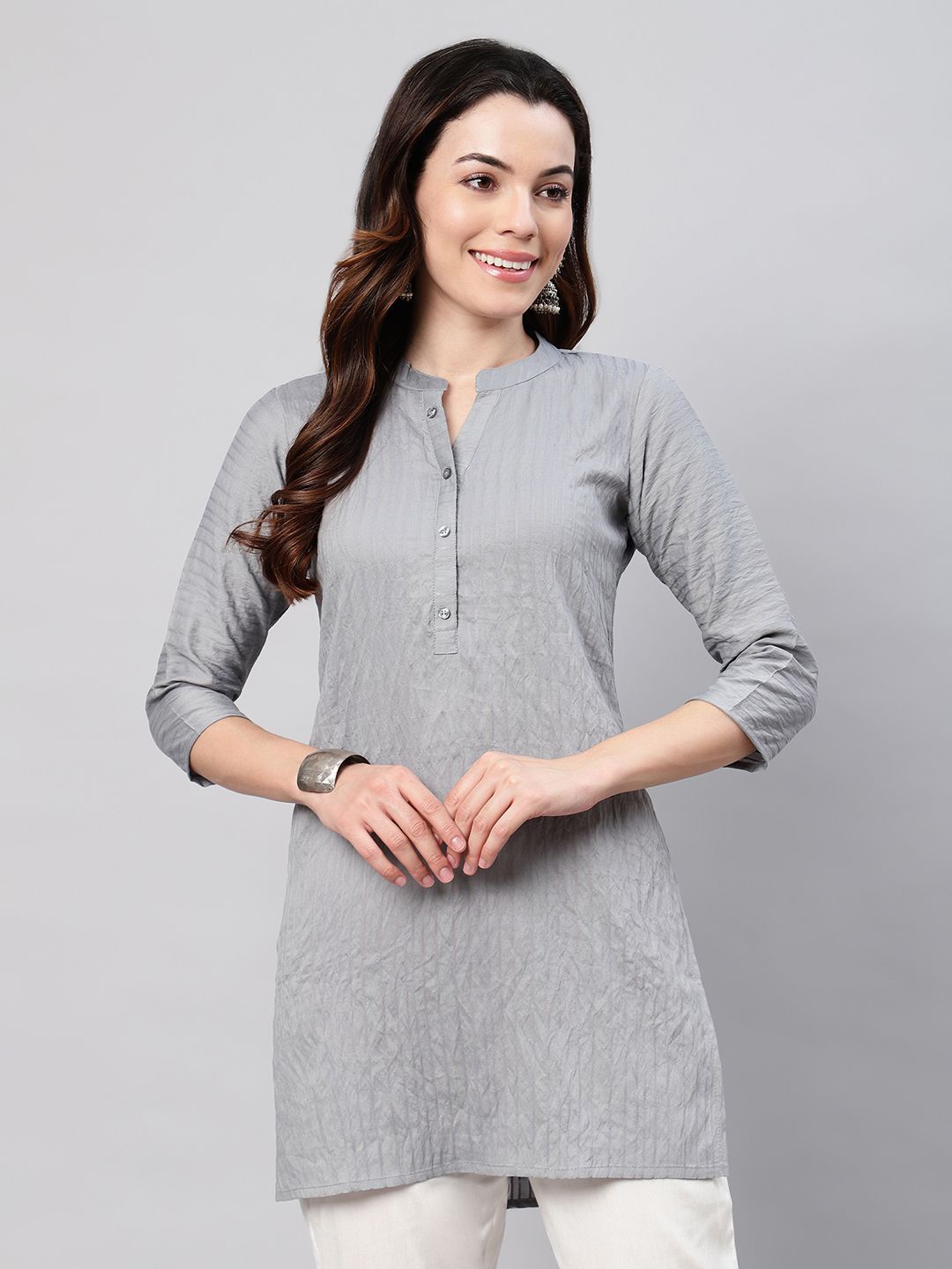 

FLAMBOYANT Striped Mandarin Collar Women Floral Print Viscose Rayon Top, Grey