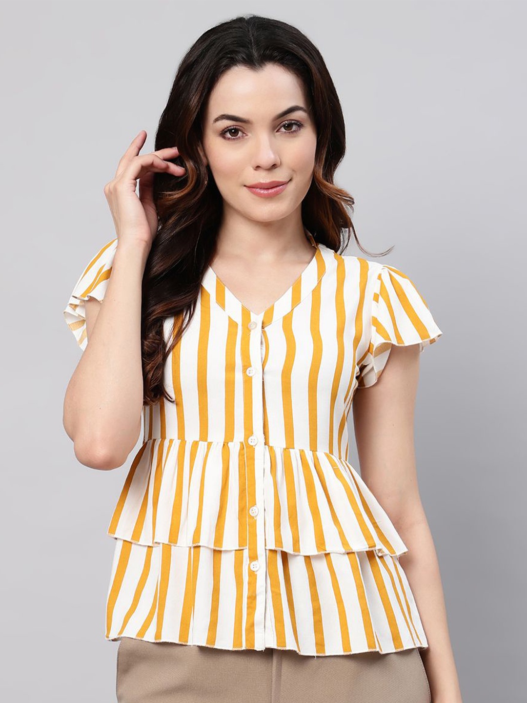 

FLAMBOYANT Striped Flutter Sleeve Top, Yellow