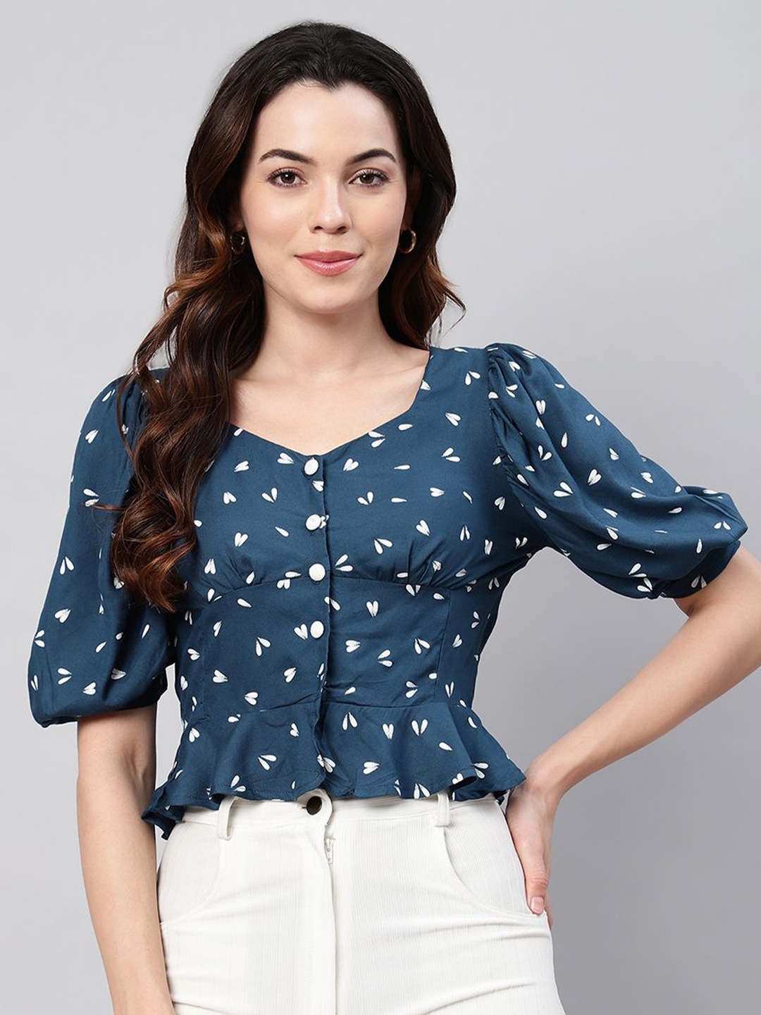 

FLAMBOYANT Printed Puff Sleeve Crop Top, Blue