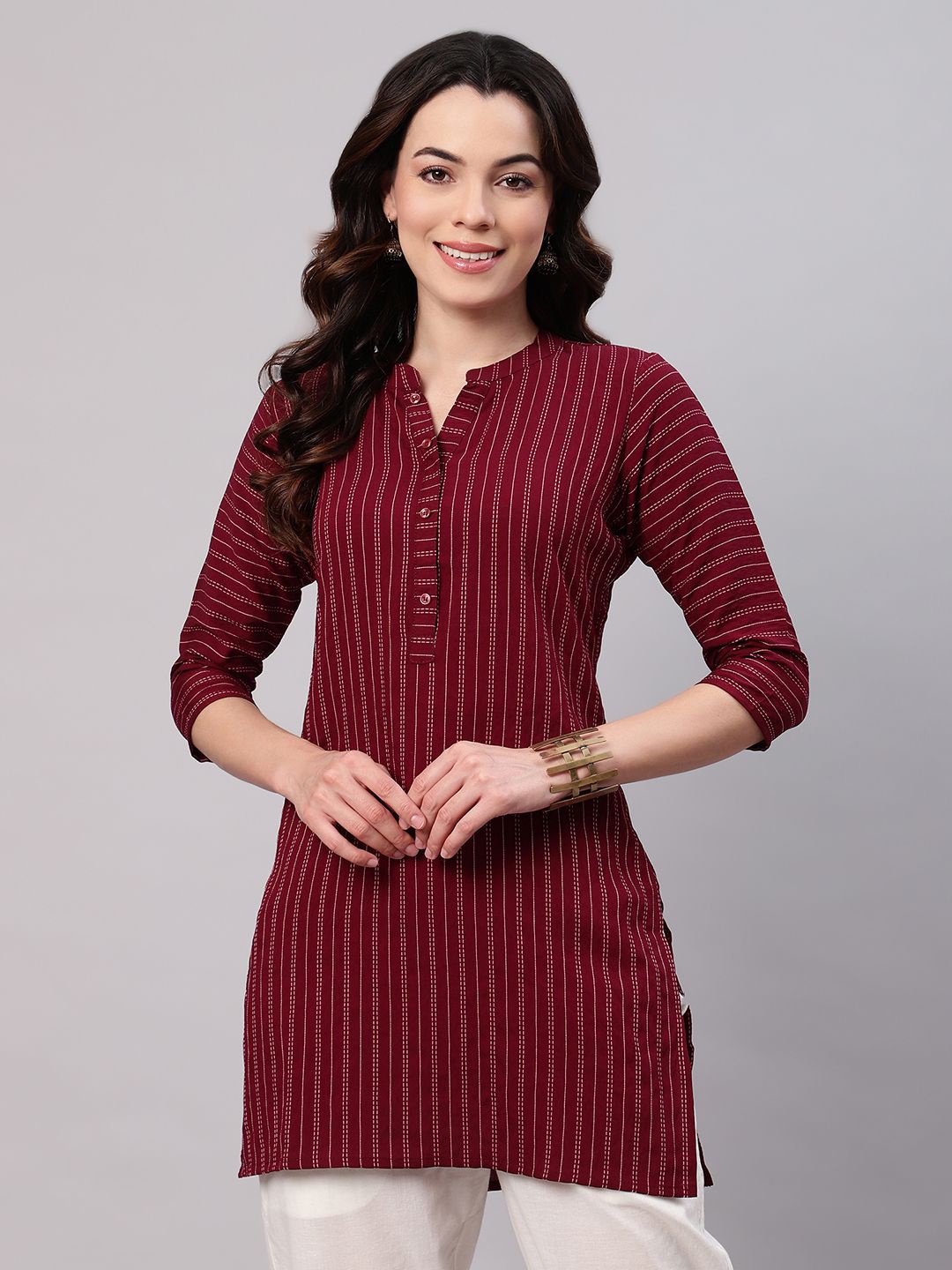 

FLAMBOYANT Striped Mandarin Collar Roll-Up Sleeves Shirt Style Longline Top, Maroon