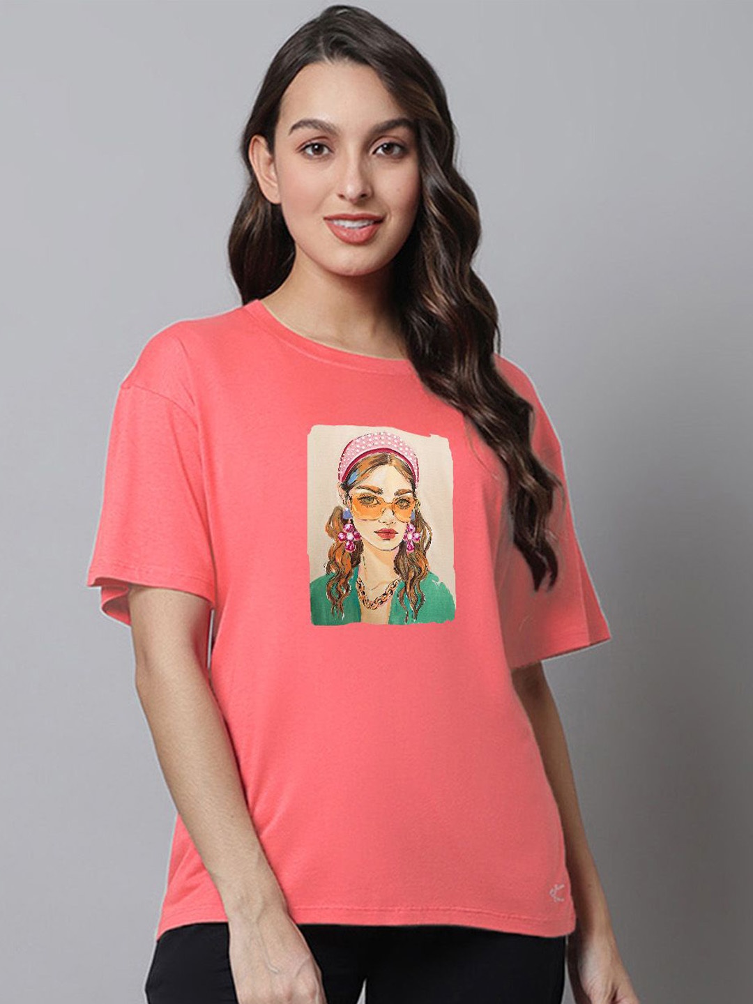 

Kanvin Women Printed Cotton Lounge T-shirt, Peach