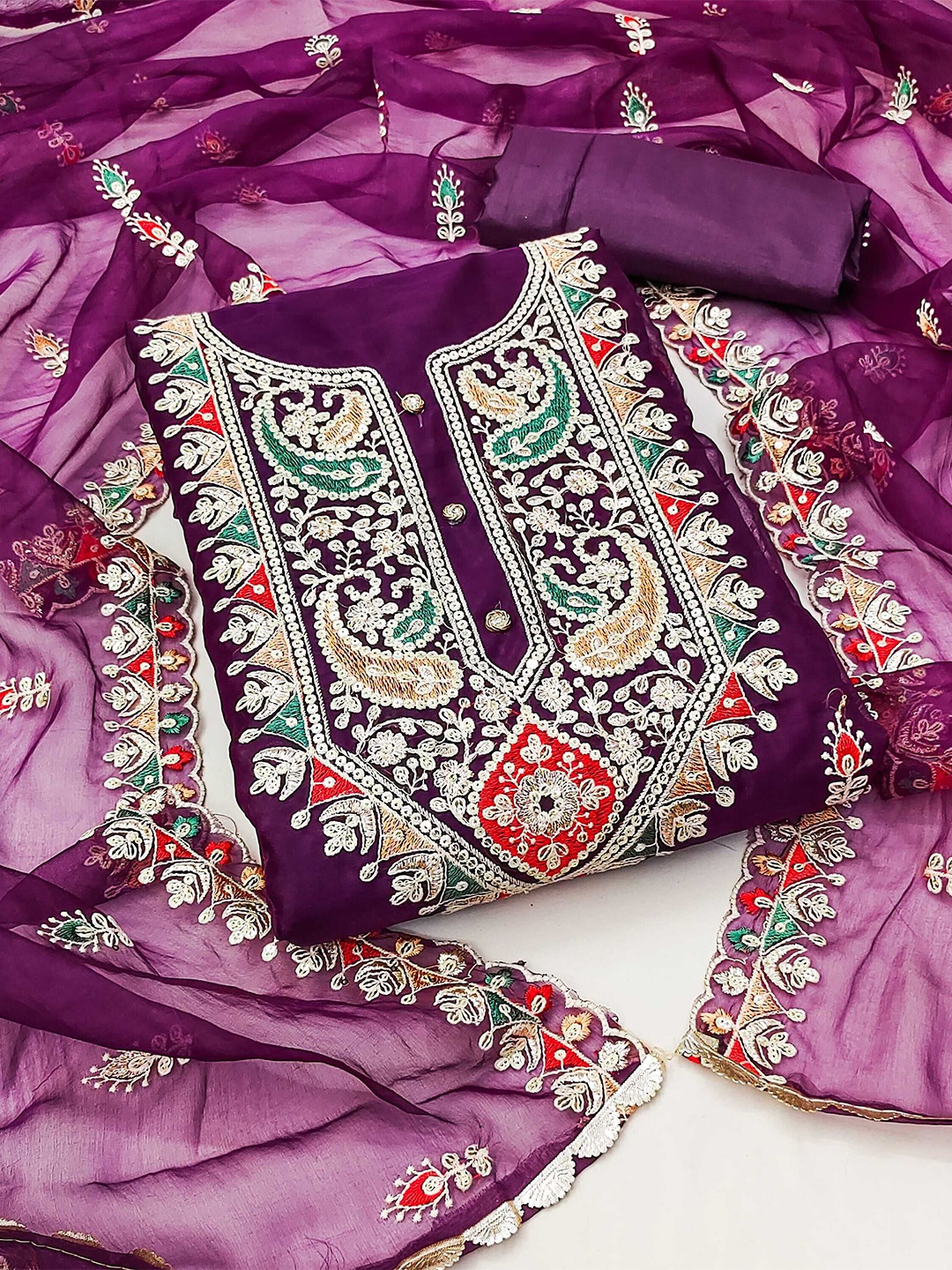 

MAHALASA Ethnic Motifs Embroidered Unstitched Dress Material, Purple