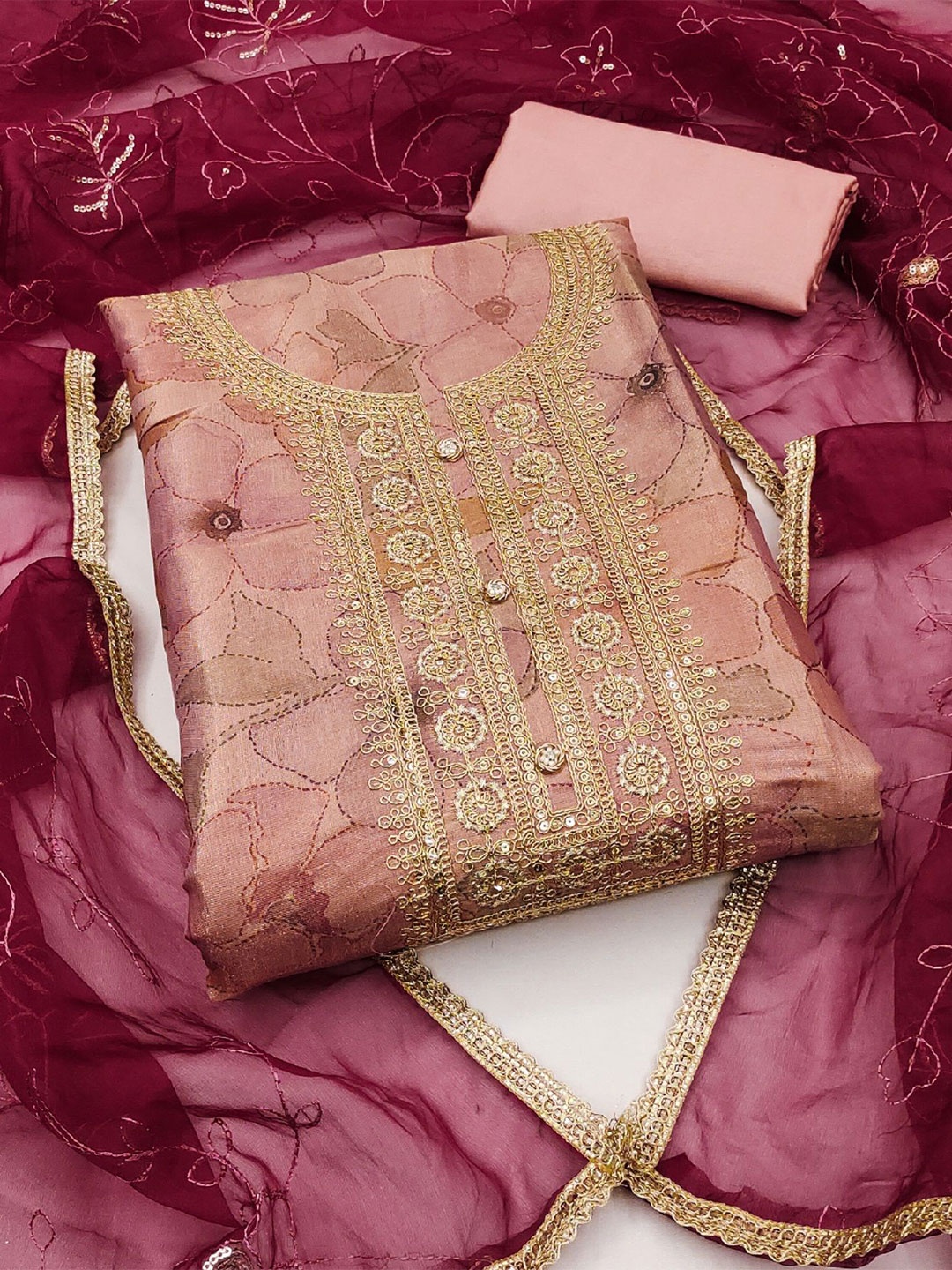 

MAHALASA Floral Embroidered Unstitched Dress Material, Pink