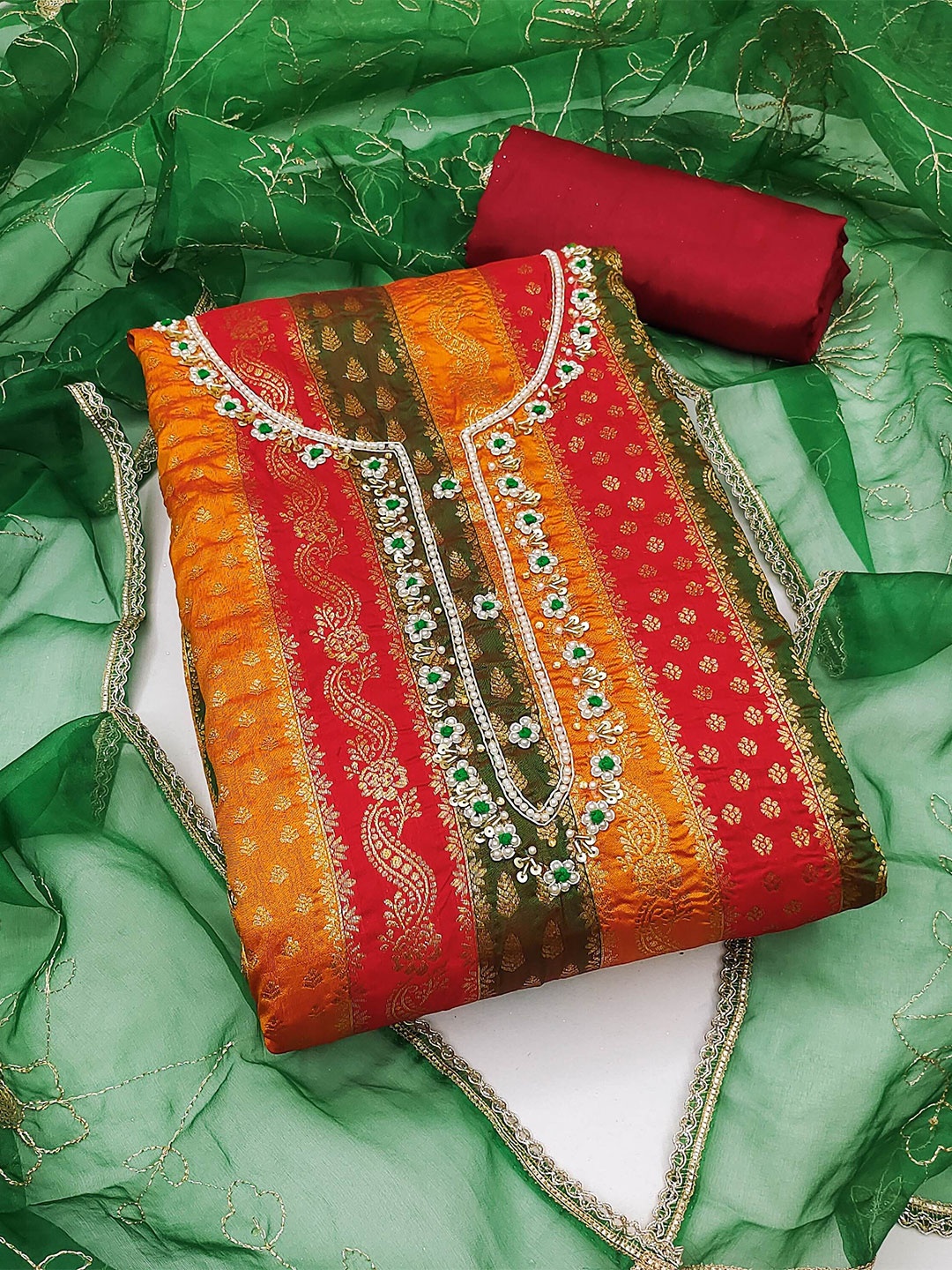 

MAHALASA Ethnic Motifs Printed Unstitched Dress Material, Green
