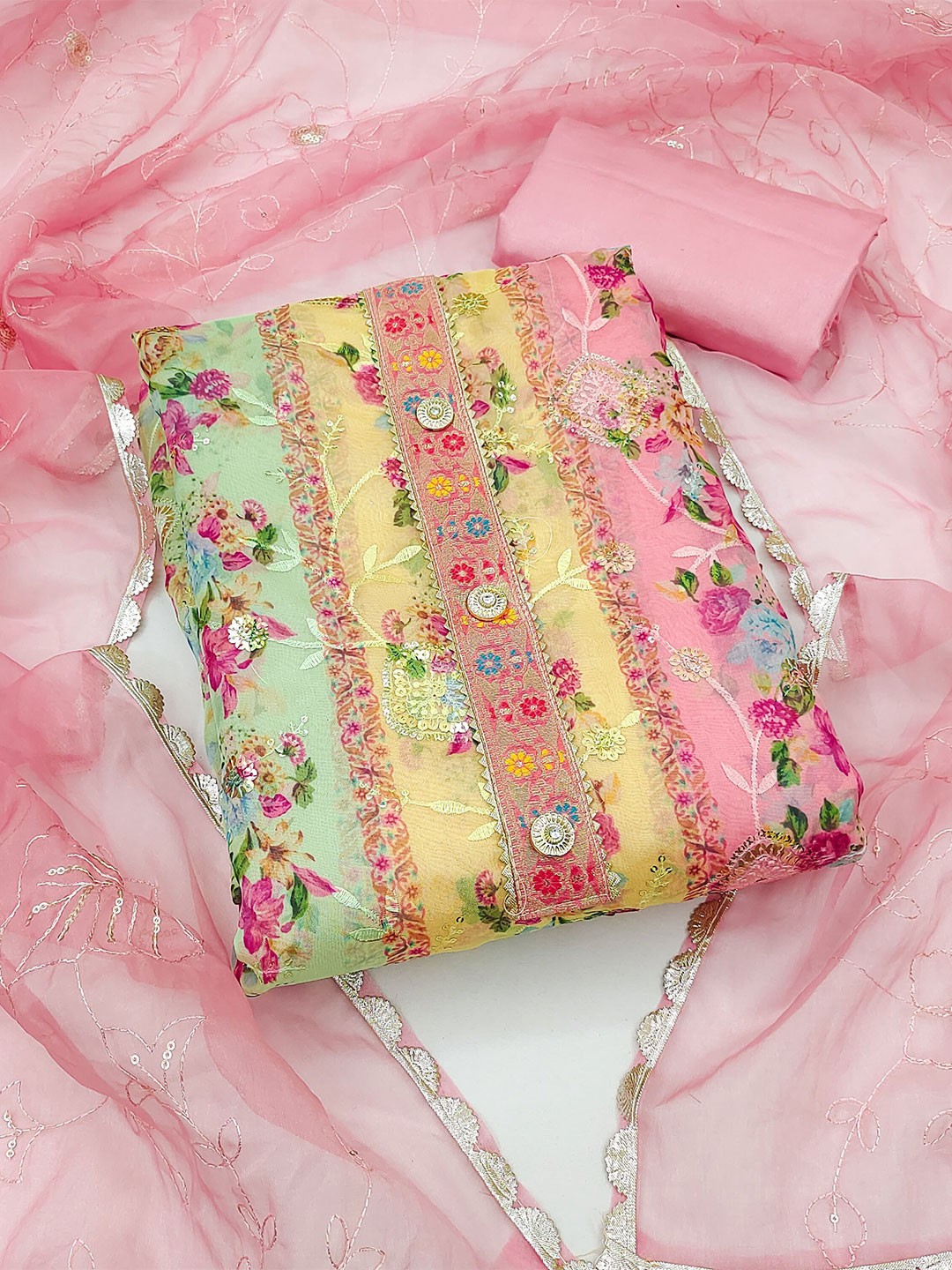 

MAHALASA Floral Embroidered Beads & Stones Unstitched Dress Material, Pink